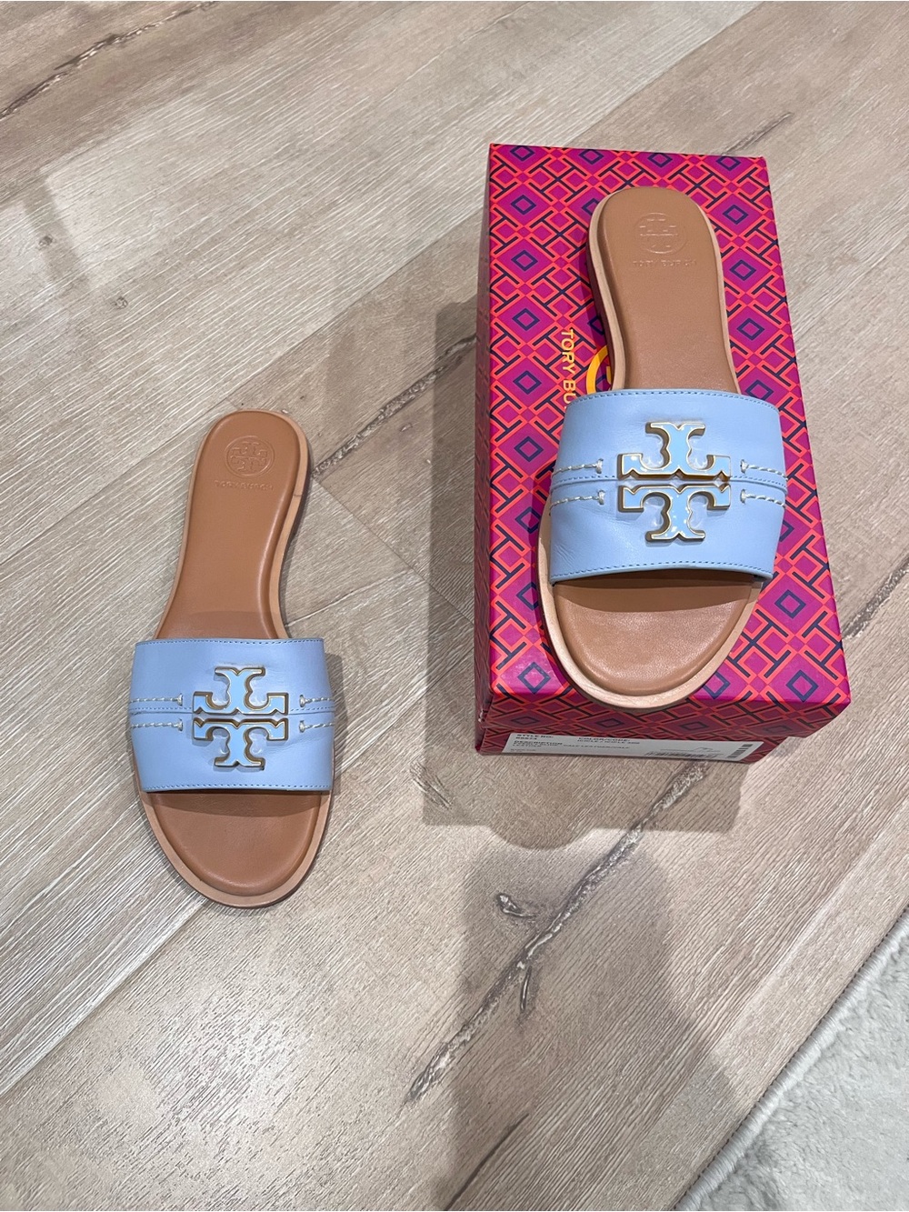 Tory Burch Light Blue Logo Slide Sandals